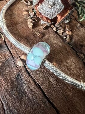 Chamilia Pastel Blue Pink Floral Murano Glass Charm Silver 925 Core Flower